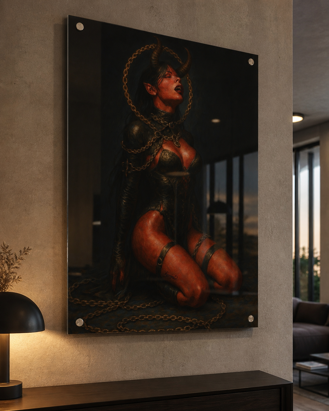 Dark figurative painting of a horned woman bound in chains, symbolizing control, surrender, and inner power, with dramatic lighting and rich textures